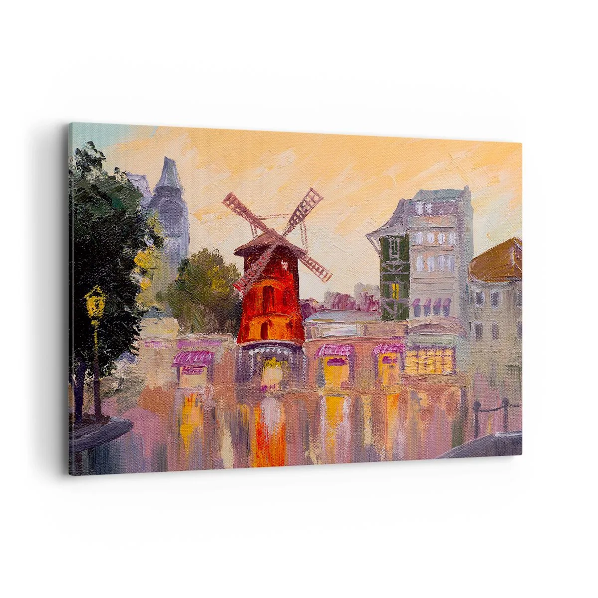 Quadro su tela - Stampe su Tela - Il mulino a vento rosso del Moulin Rouge circondato dal paesaggio urbano - 100x70cm - Le icone di Parigi: il Moulin Rouge - Decorazione murale moderna per soggiorno e camera da letto ARTTOR