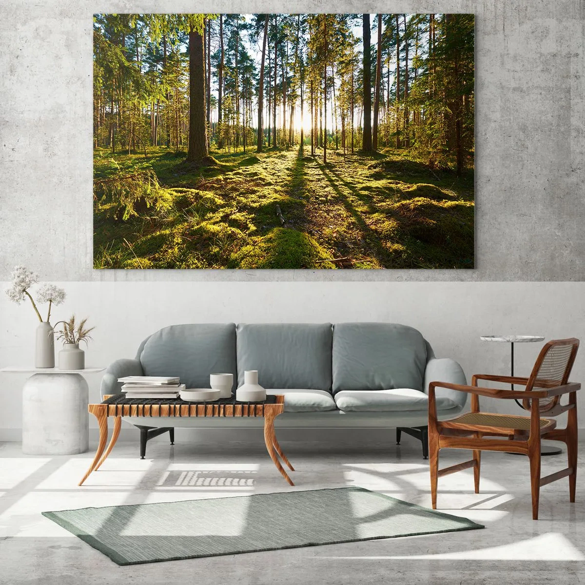 Quadro su vetro - Raggi di sole che penetrano attraverso gli alberi nella foresta - 100x70cm - …dopo sette foreste - Decorazione murale moderna per soggiorno e camera da letto ARTTOR