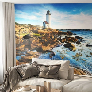 Fotomurali Premium Sand - Un faro su una costa rocciosa al tramonto - 100x70cm - Tornate sani e salvi, vi aspetto - Decorazione murale moderna per soggiorno e camera da letto ARTTOR