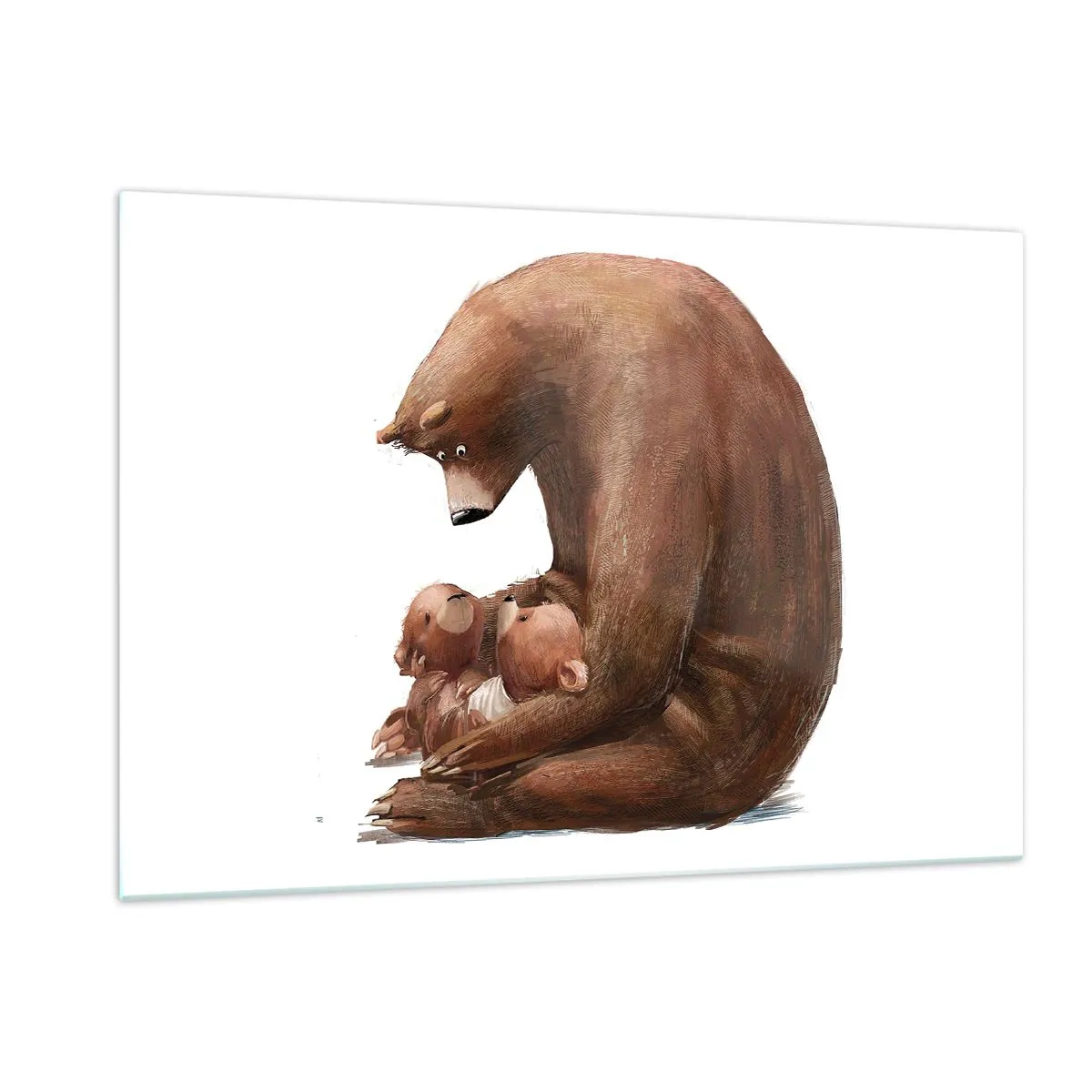 Quadro su vetro - Una mamma orsa che abbraccia due piccoli orsacchiotti - 120x80cm - Sogni d'oro, bambini - Decorazione murale moderna per soggiorno e camera da letto ARTTOR