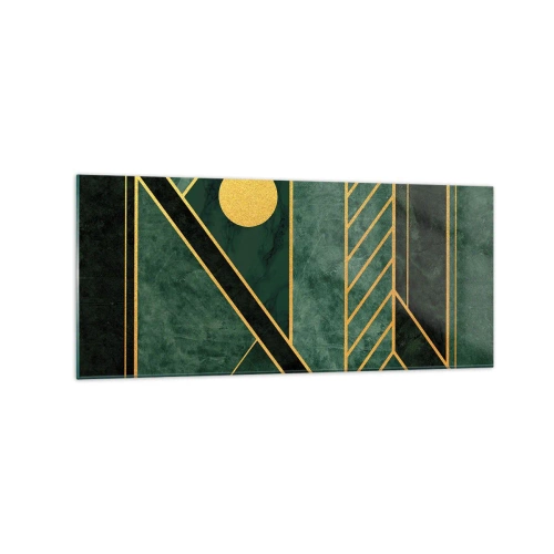 Quadro su vetro - Design geometrico verde e oro con un motivo elegante - 120x50cm - Dinamica di oro e azzurro - Decorazione murale moderna per soggiorno e camera da letto ARTTOR