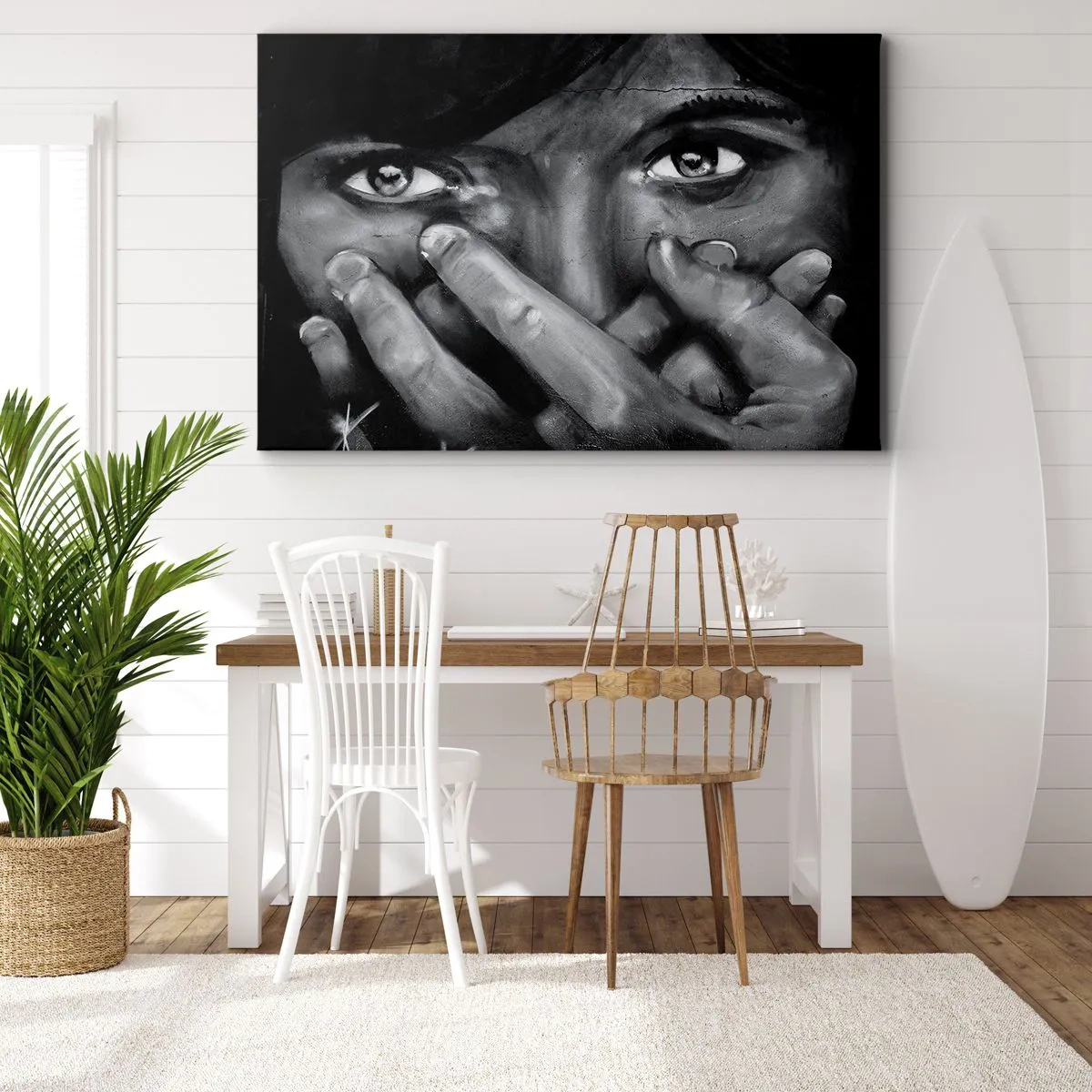 Quadro su tela - Stampe su Tela - Ritratto in bianco e nero di una donna che si copre il viso con le mani. - 100x70cm - Non dico chi l'ha dipinto - Decorazione murale moderna per soggiorno e camera da letto ARTTOR