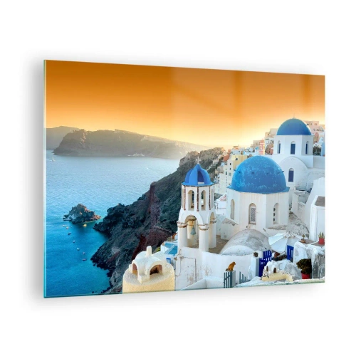 Quadro su vetro - Vista di Santorini con le sue cupole blu e le scogliere - 70x50cm - Santorini: aggrappate alle rocce - Decorazione murale moderna per soggiorno e camera da letto ARTTOR
