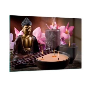 Quadro su vetro - Composizione rilassante con Buddha, candele e fiori - 120x80cm - Purificare la mente, calmare il corpo - Decorazione murale moderna per soggiorno e camera da letto ARTTOR