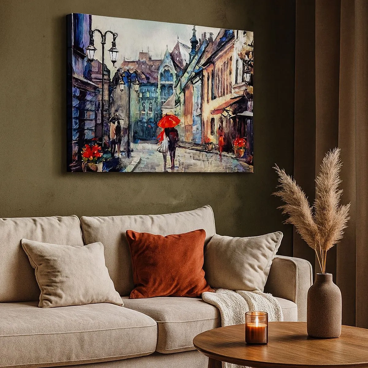 Quadro su tela - Stampe su Tela - Un'affascinante strada cittadina con una coppia sotto un ombrello rosso - 70x50cm - Pioggia per due - Decorazione murale moderna per soggiorno e camera da letto ARTTOR