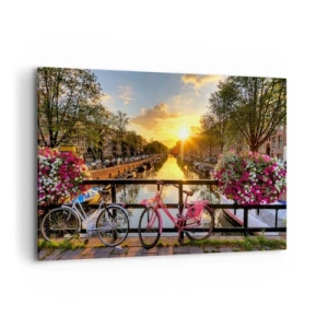 Quadro su tela - Stampe su Tela - Biciclette su un ponte al chiarore del sole al tramonto - 120x80cm - Mattino di primavera ad Amsterdam - Decorazione murale moderna per soggiorno e camera da letto ARTTOR