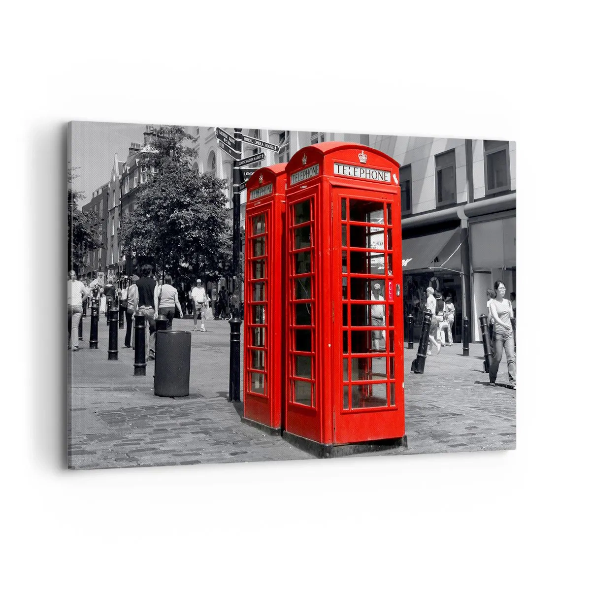 Quadro su tela - Stampe su Tela - Cabine telefoniche rosse su uno sfondo urbano bianco e nero. - 120x80cm - Cabine telefoniche rosse - Decorazione murale moderna per soggiorno e camera da letto ARTTOR