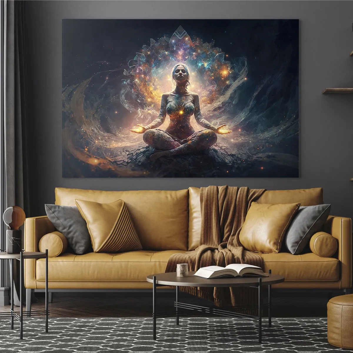 Quadro su vetro - Una donna in meditazione in un'aura luminosa di energia e colore - 70x50cm - Un flusso di energia buona - Decorazione murale moderna per soggiorno e camera da letto ARTTOR