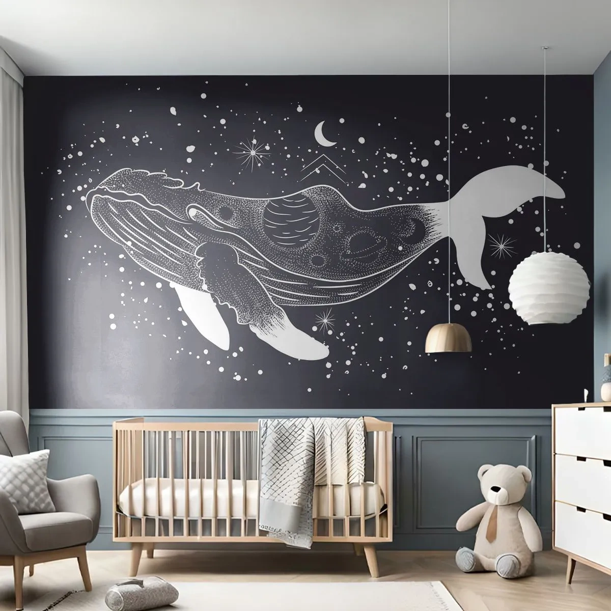 Fotomurali Autoadesivo Deluxe Sticker - Nell'oceano dell'universo - Astrazione, Balena, Bianco e nero - 250x175 cm