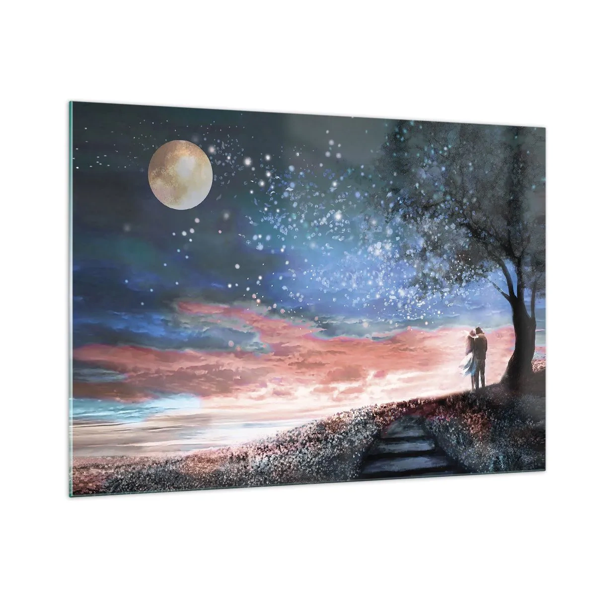 Quadro su vetro - Una coppia innamorata sotto un albero con la luna e le stelle - 100x70cm - Lo spettacolo delle stelle - Decorazione murale moderna per soggiorno e camera da letto ARTTOR