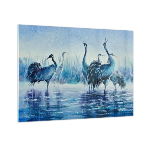 Quadro su vetro - Uccelli che guadano nell'acqua blu - 70x50cm - Incontro mattutino - Decorazione murale moderna per soggiorno e camera da letto ARTTOR