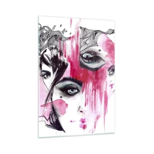 Quadro su vetro - Volti femminili astratti con accenti rosa in stile schizzo. - 50x70cm - Occhi astratti - Decorazione murale moderna per soggiorno e camera da letto ARTTOR