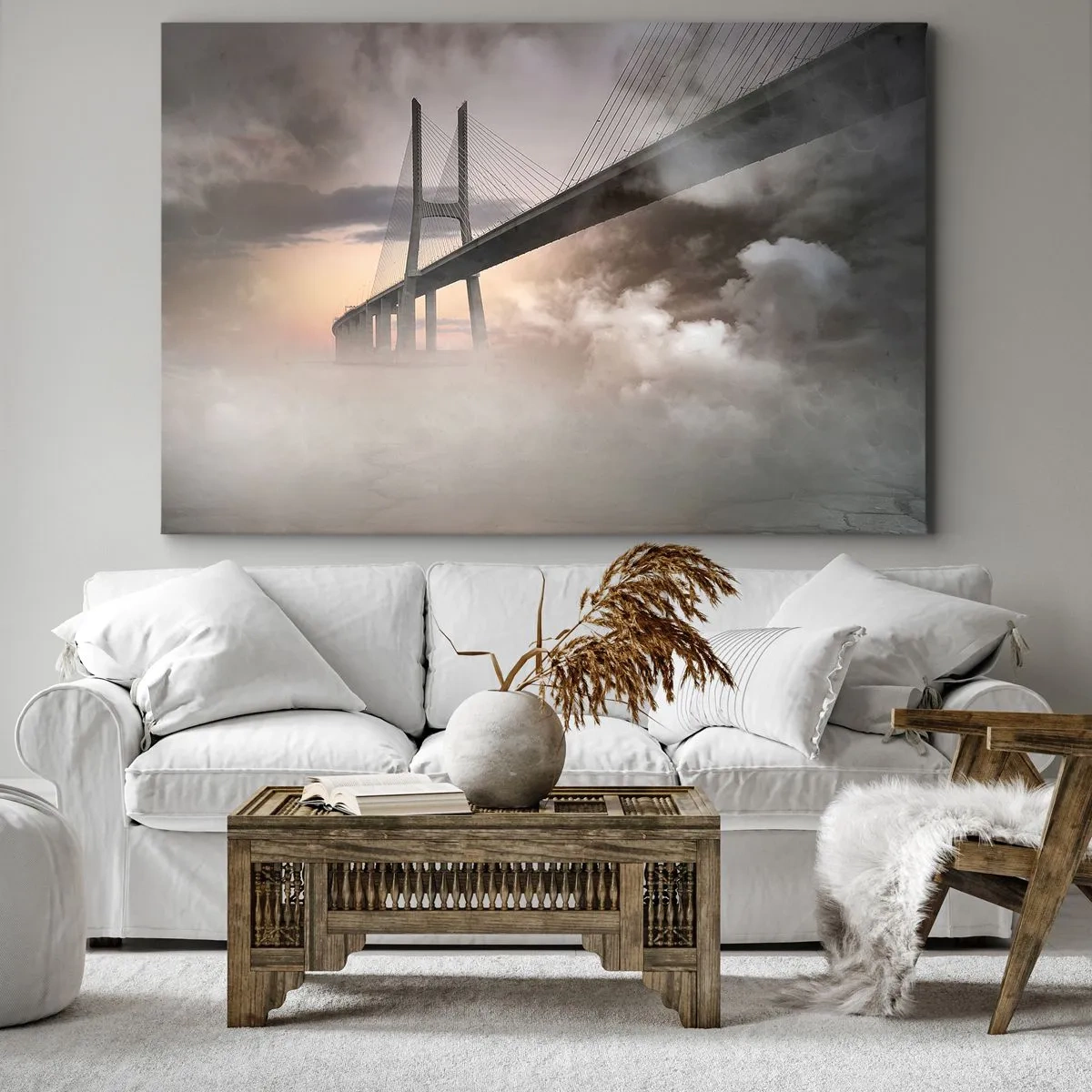 Quadro su tela - Stampe su Tela - Un ponte sopra un fiume circondato dalla nebbia al mattino - 70x50cm - Sul fiume che non c'è - Decorazione murale moderna per soggiorno e camera da letto ARTTOR