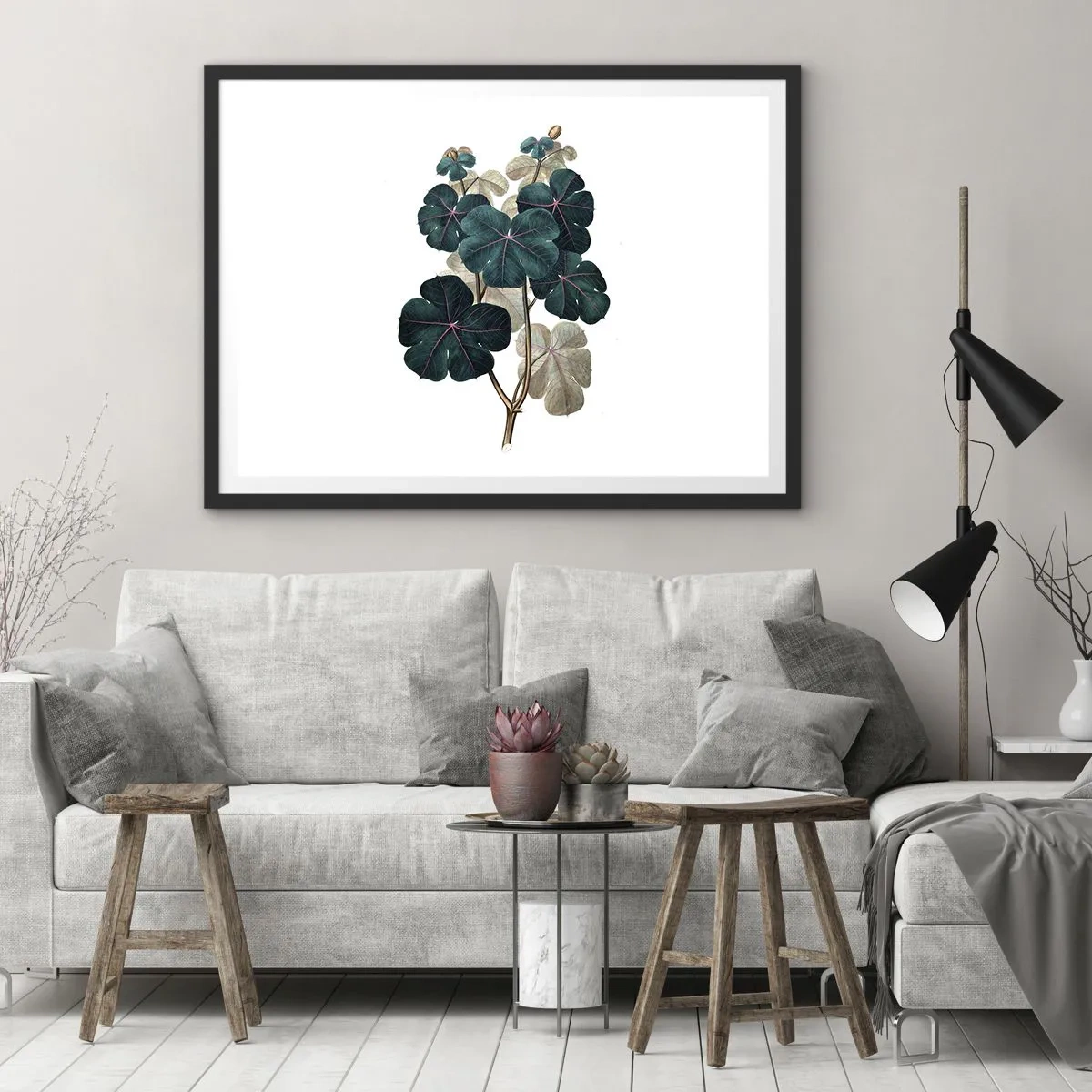 Poster in cornice nera - Illustrazione botanica con foglie nei toni del verde e del beige - 100x70cm - Dal vecchio erbario - Decorazione murale moderna per soggiorno e camera da letto ARTTOR