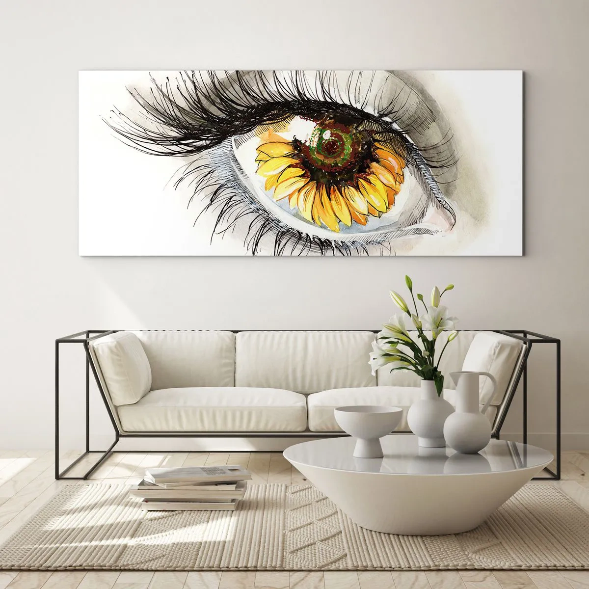 Quadro su vetro - Occhio artistico con iride a forma di girasole - 140x50cm - Uno sguardo caldo come l'estate - Decorazione murale moderna per soggiorno e camera da letto ARTTOR