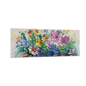 Quadro su vetro - Un colorato mazzo di fiori dipinto con la tecnica dell'impasto - 140x50cm - Natura per niente morta - Decorazione murale moderna per soggiorno e camera da letto ARTTOR