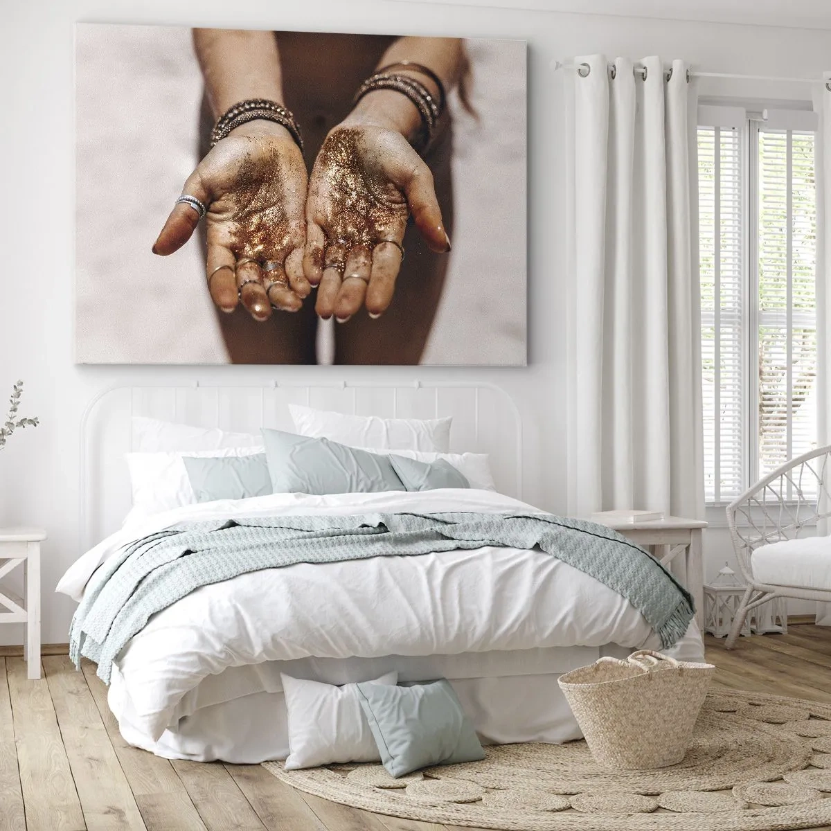 Quadro su tela - Stampe su Tela - Primo piano di mani con glitter in tonalità calde - 120x80cm - Un dono per te - Decorazione murale moderna per soggiorno e camera da letto ARTTOR