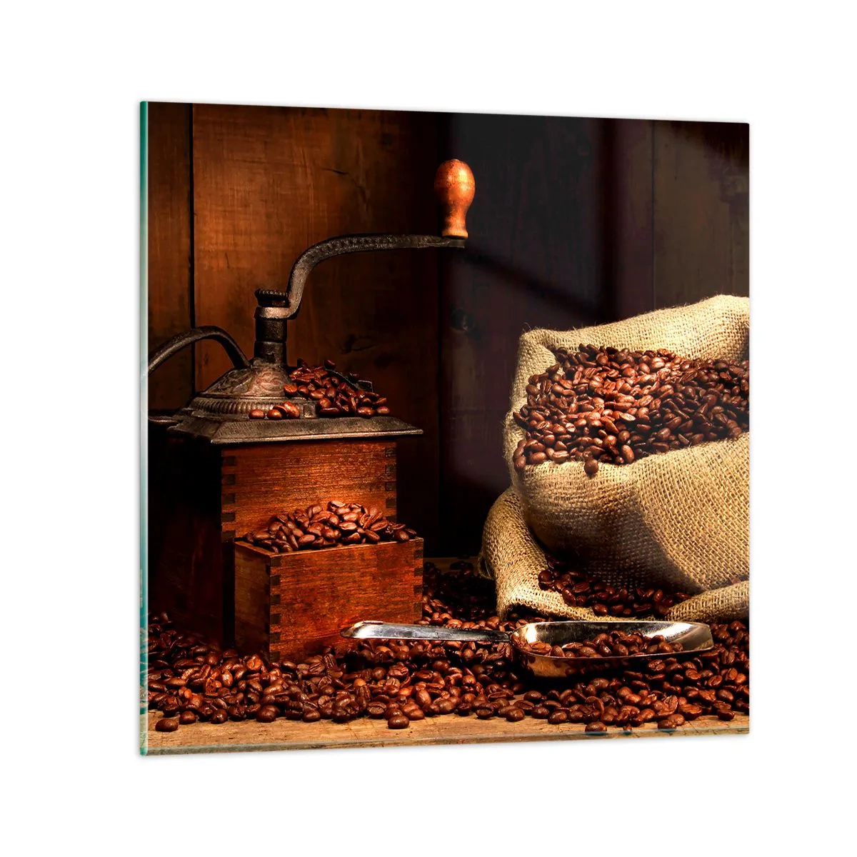Quadro su vetro - Natura morta con chicchi di caffè e macinino - 30x30 cm