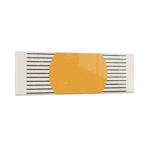 Quadro su vetro - Un cerchio giallo su uno sfondo di linee orizzontali bianche e nere - 160x50cm - La forza della semplicità - Decorazione murale moderna per soggiorno e camera da letto ARTTOR