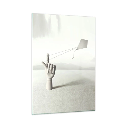 Quadro su vetro - Una mano di legno che tiene un aquilone galleggiante sul suo dito - 50x70cm - Prova di forza - Decorazione murale moderna per soggiorno e camera da letto ARTTOR