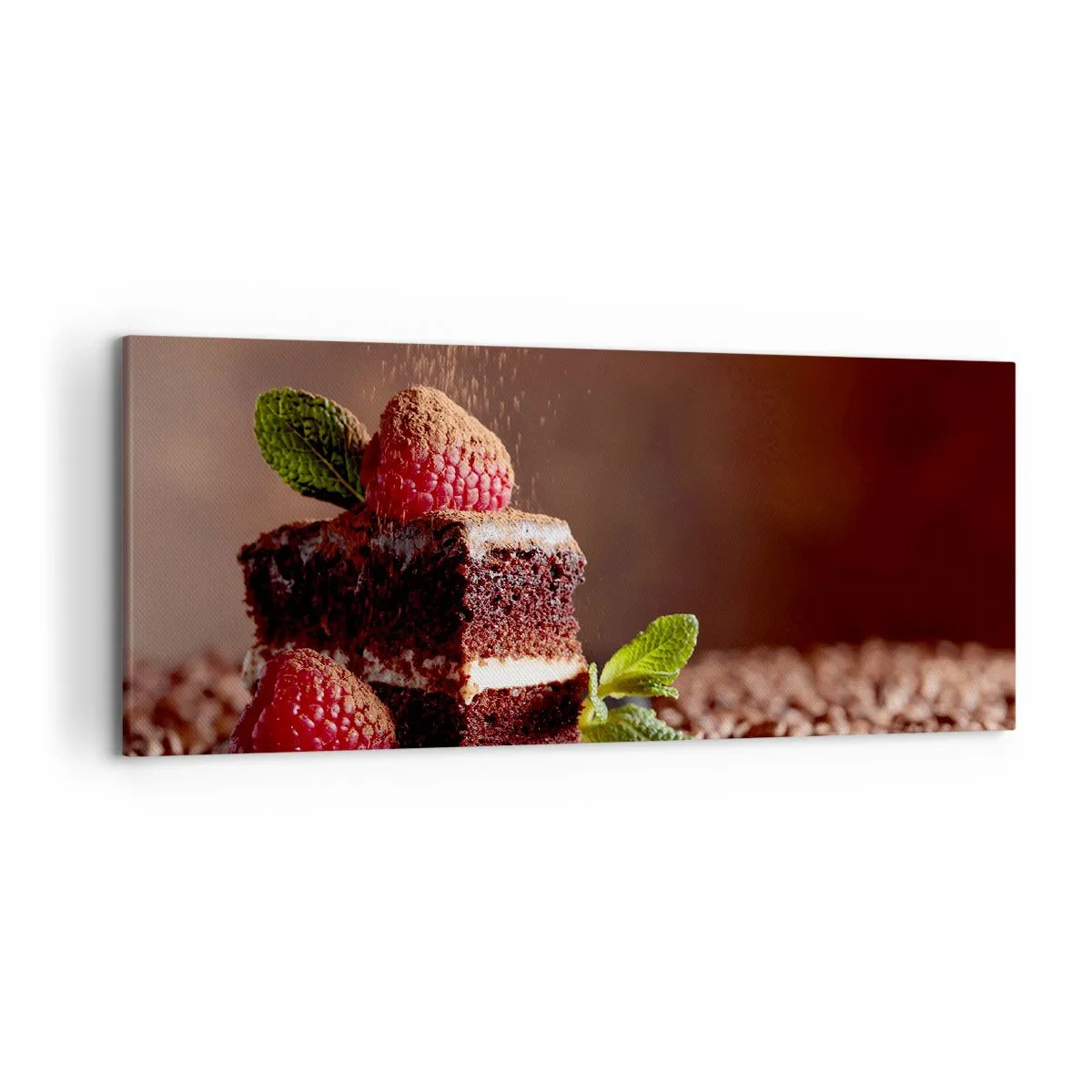 Quadro su tela - Stampe su Tela - Torta al cioccolato con lamponi e menta su uno sfondo di fave di cacao - 120x50cm - La vita è dolce - Decorazione murale moderna per soggiorno e camera da letto ARTTOR