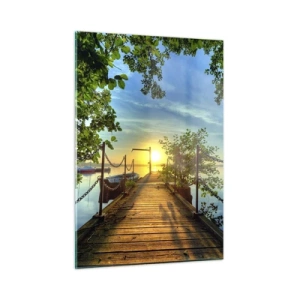 Quadro su vetro - Un molo con vista sul tramonto sul lago - 50x70cm - Tramonto sul lago - Decorazione murale moderna per soggiorno e camera da letto ARTTOR