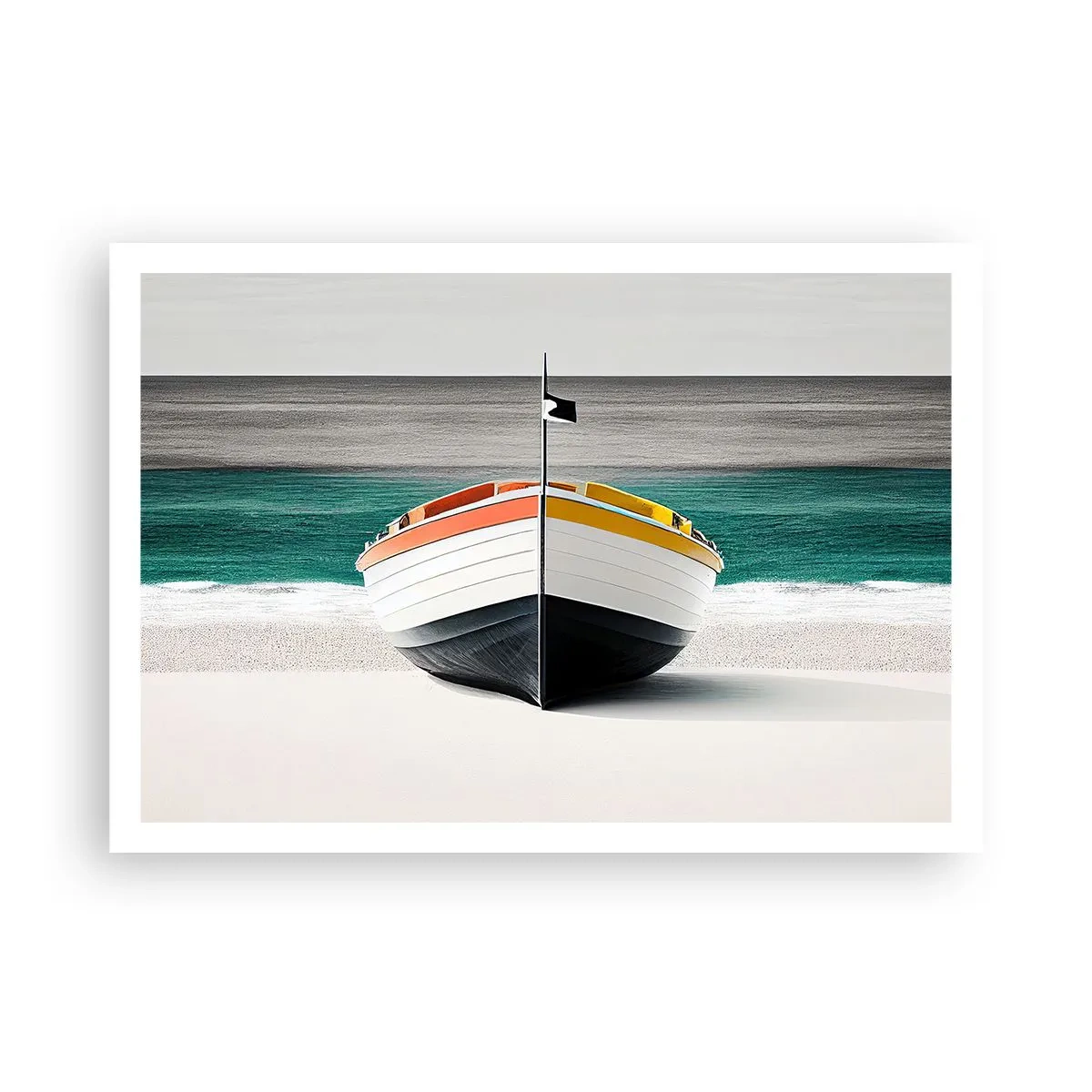 Poster - Una barca sulla spiaggia con un mare turchese sullo sfondo - 100x70cm - Al suo posto - Decorazione murale moderna per soggiorno e camera da letto ARTTOR