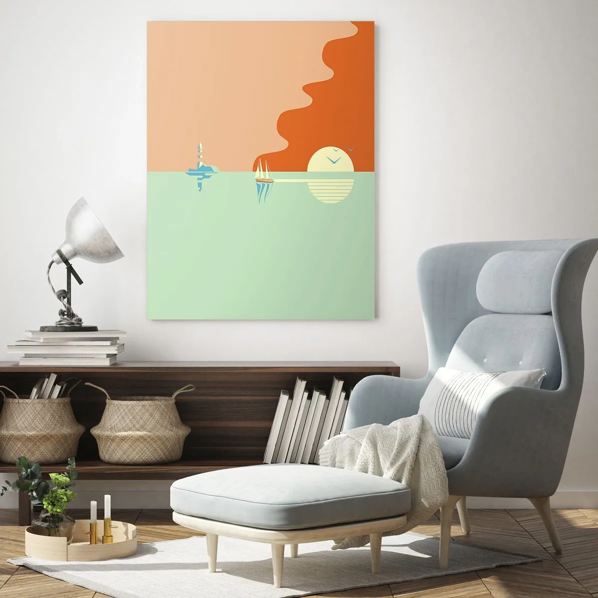Quadro su vetro - Un paesaggio marino minimalista con una barca a vela e un tramonto - 70x100cm - Ideale paesaggio marittimo - Decorazione murale moderna per soggiorno e camera da letto ARTTOR