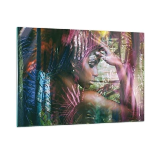 Quadro su vetro - Ritratto di donna tra foglie tropicali e riflessi di luce. - 120x80cm - Madre Natura nella giungla - Decorazione murale moderna per soggiorno e camera da letto ARTTOR