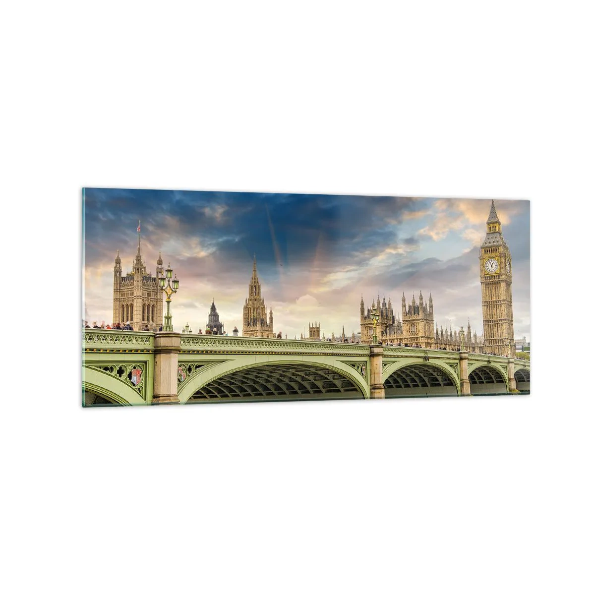 Quadro su vetro - Il Big Ben e il ponte di Westminster contro il cielo al tramonto - 120x50cm - Nell'Impero il tempo si è fermato - Decorazione murale moderna per soggiorno e camera da letto ARTTOR