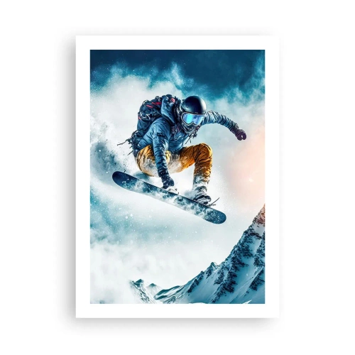 Poster - Uno snowboarder vola sopra una cima di montagna innevata - 50x70cm - Emozioni estreme - Decorazione murale moderna per soggiorno e camera da letto ARTTOR