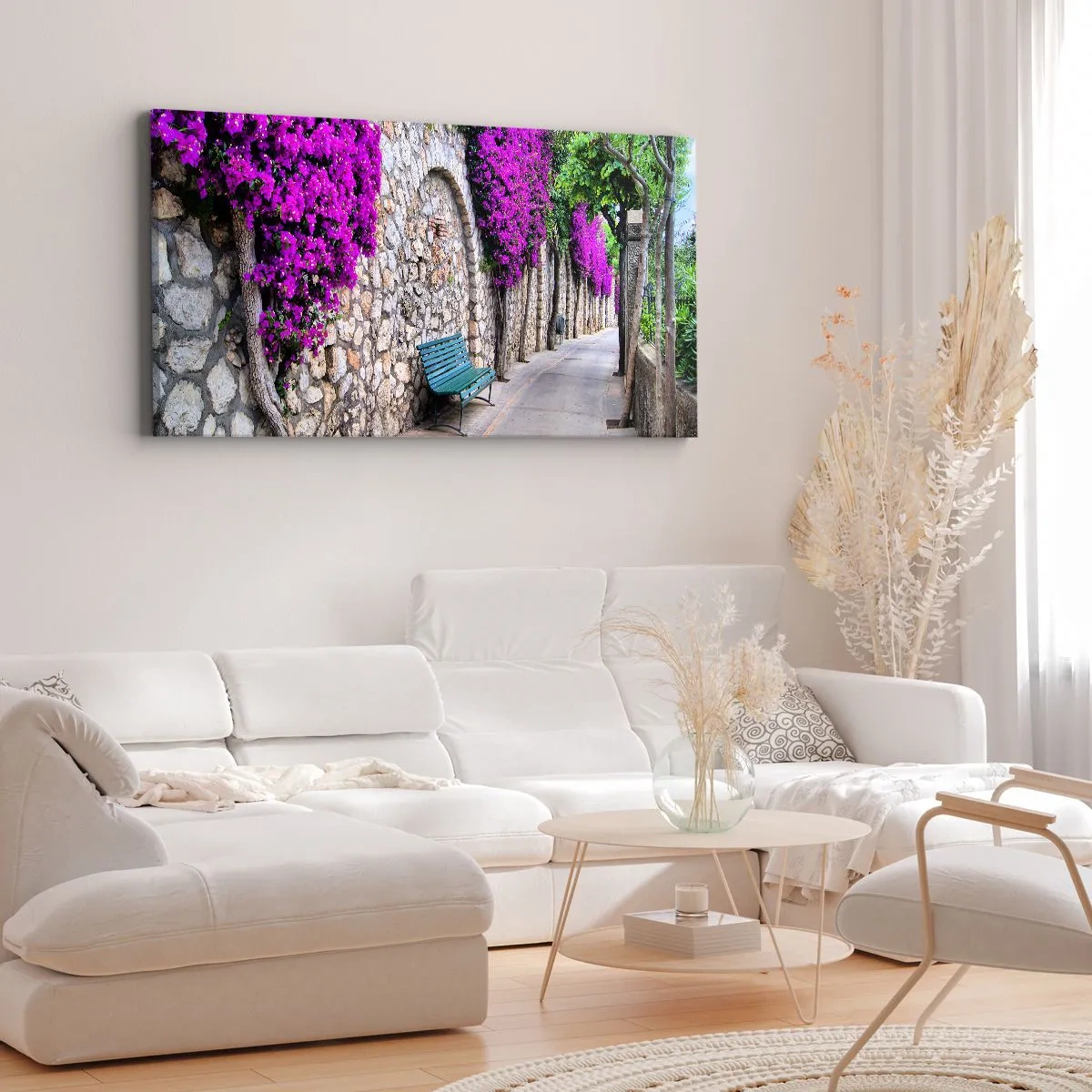 Quadro su tela - Stampe su Tela - Un sentiero in pietra con una panchina e fiori viola in fiore - 140x50cm - Incontriamoci al più presto - Decorazione murale moderna per soggiorno e camera da letto ARTTOR