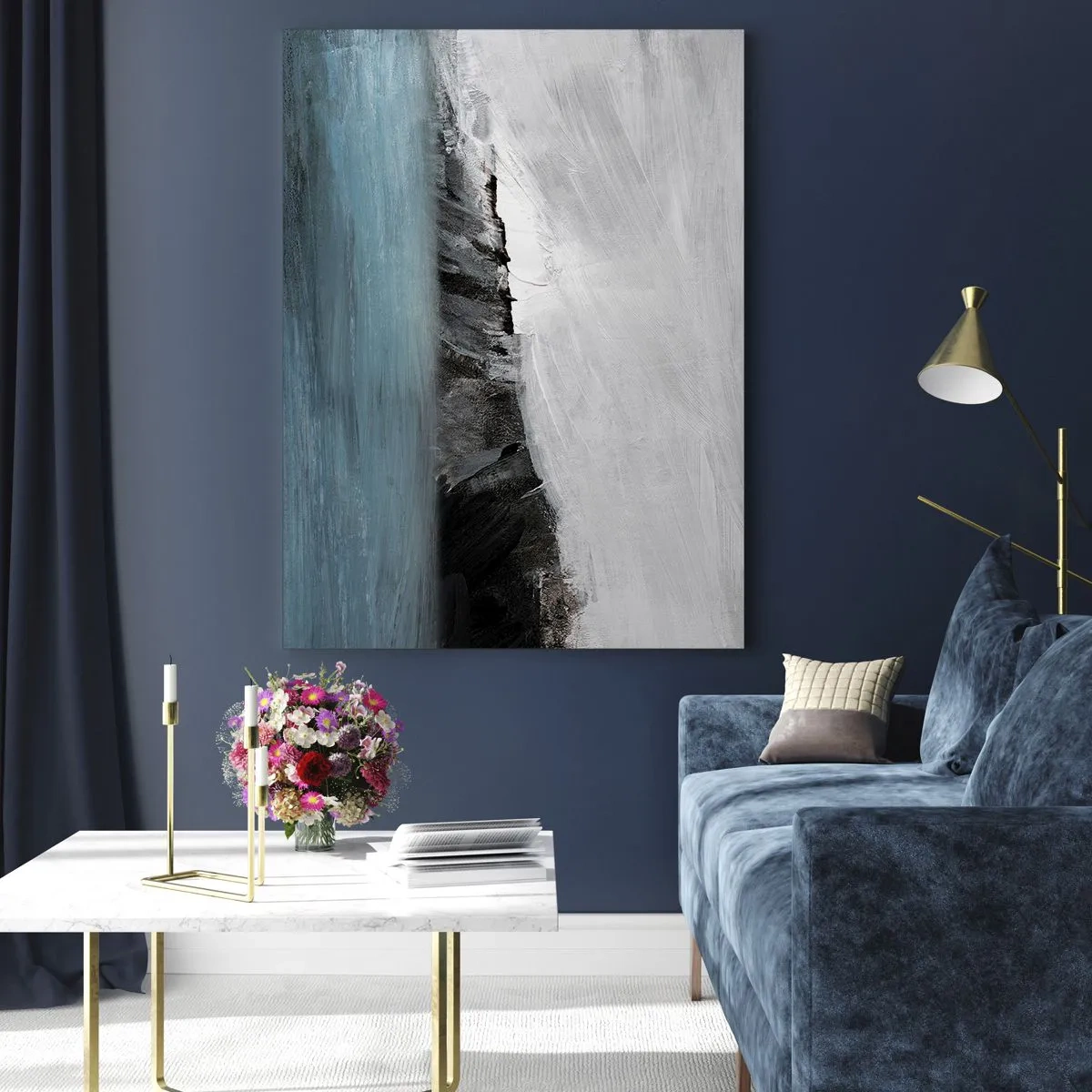 Quadro su vetro - Paesaggio astratto con acqua e una costa rocciosa - 70x100cm - Acqua-terra: lo scontro degli elementi - Decorazione murale moderna per soggiorno e camera da letto ARTTOR