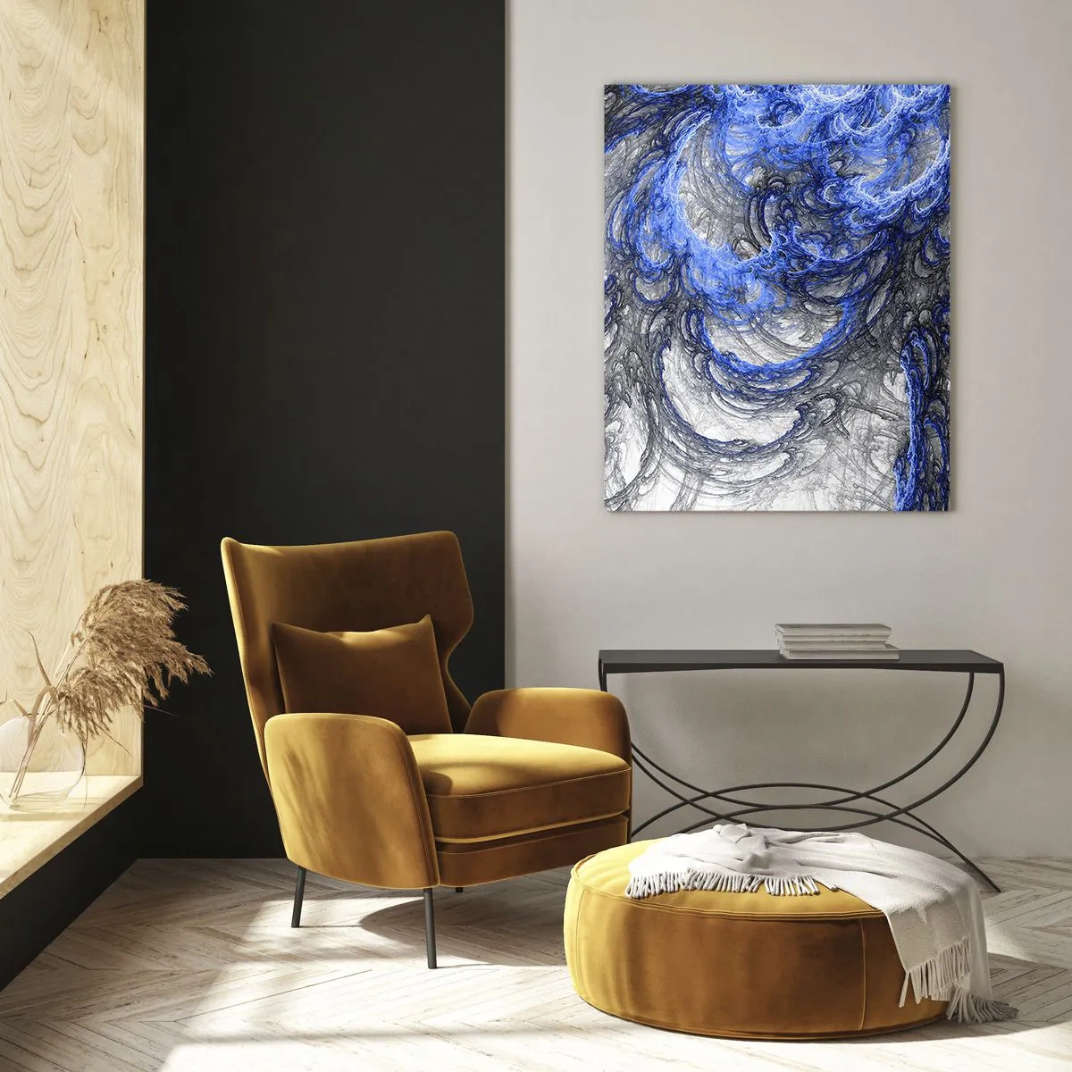 Quadro su vetro - Onde astratte nei toni del blu e del grigio - 70x100cm - La nascita dell'onda - Decorazione murale moderna per soggiorno e camera da letto ARTTOR