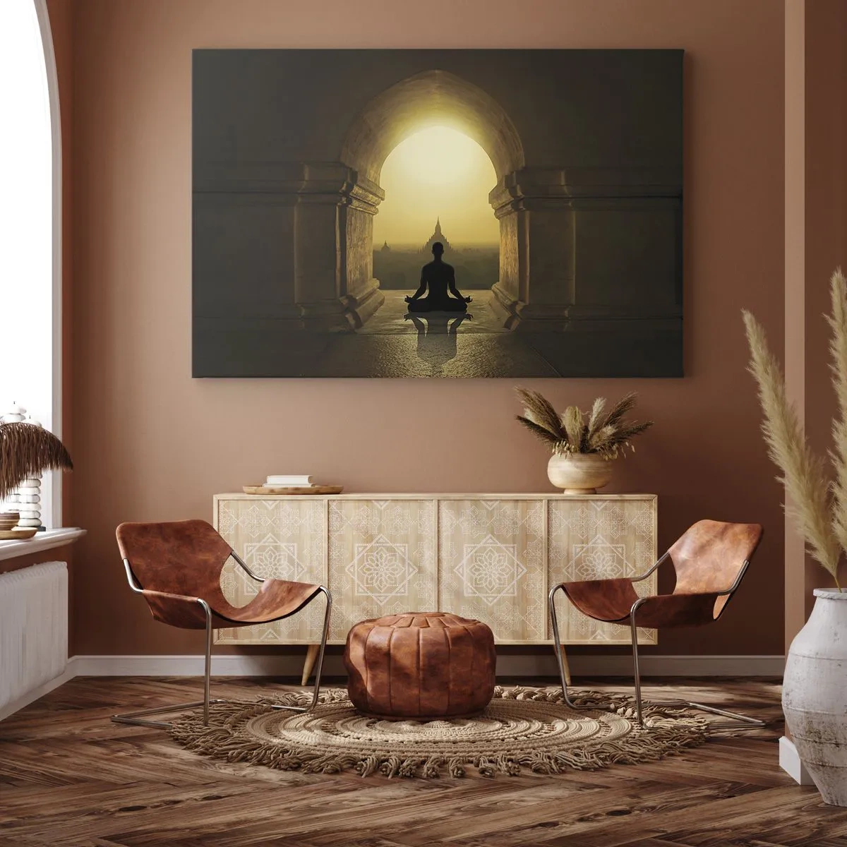 Quadro su tela - Stampe su Tela - Silhouette di una persona in meditazione alla luce del sole al tramonto - 100x70cm - Armonia completa - Decorazione murale moderna per soggiorno e camera da letto ARTTOR