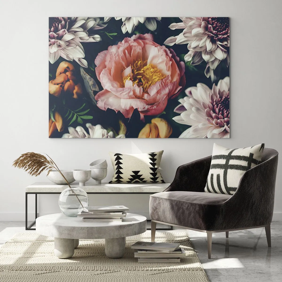 Quadro su vetro - Primo piano di peonie e crisantemi in tonalità pastello - 120x80cm - Con fasto barocco - Decorazione murale moderna per soggiorno e camera da letto ARTTOR