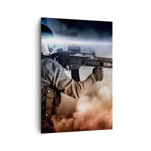 Quadro su tela - Stampe su Tela - Un soldato in azione con un fucile su uno sfondo di nuvole e luci. - 70x100cm - Semplicemente un eroe - Decorazione murale moderna per soggiorno e camera da letto ARTTOR