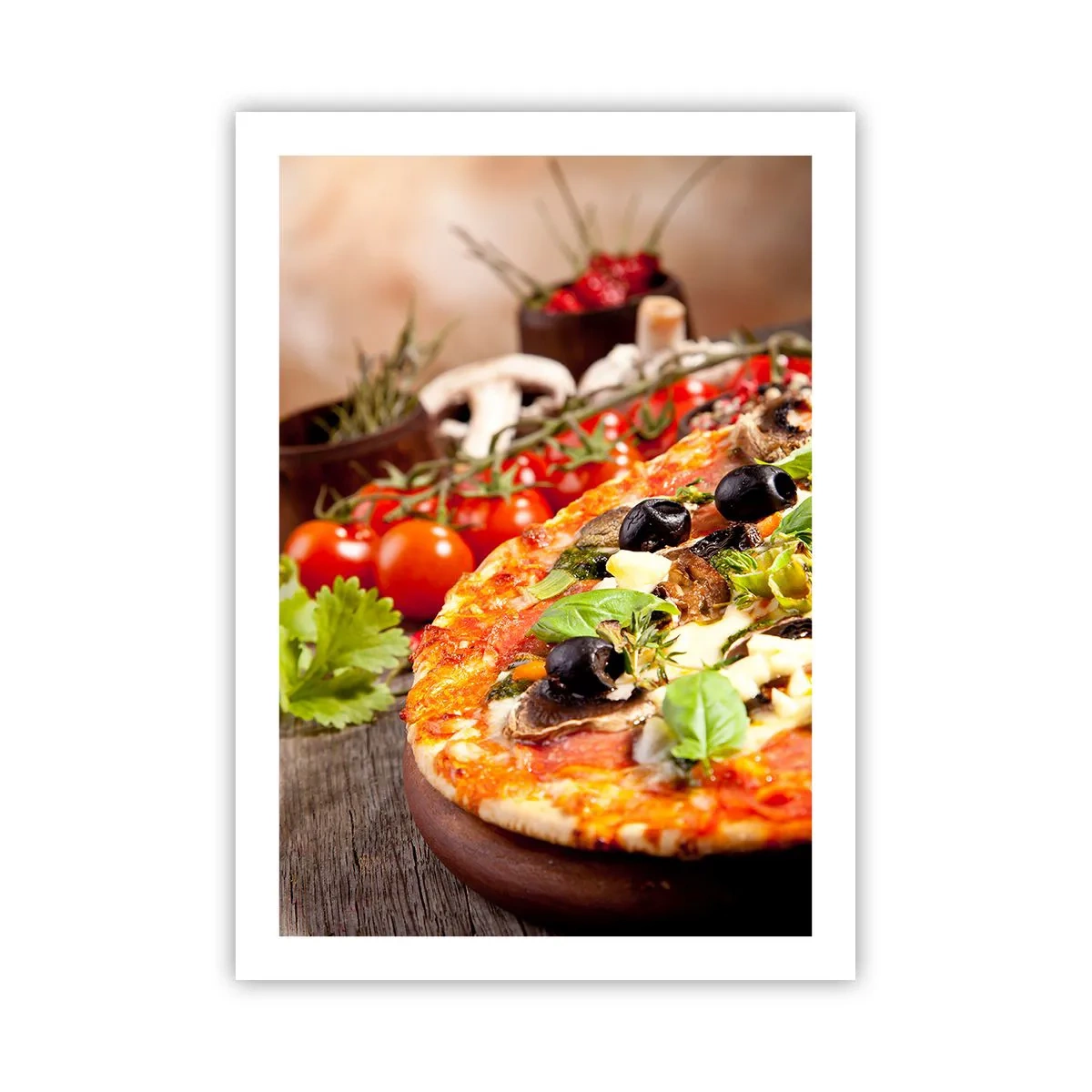 Poster - Pizza con olive ed erbe aromatiche con ingredienti freschi - 50x70cm - Con ingredienti tellurici - Decorazione murale moderna per soggiorno e camera da letto ARTTOR