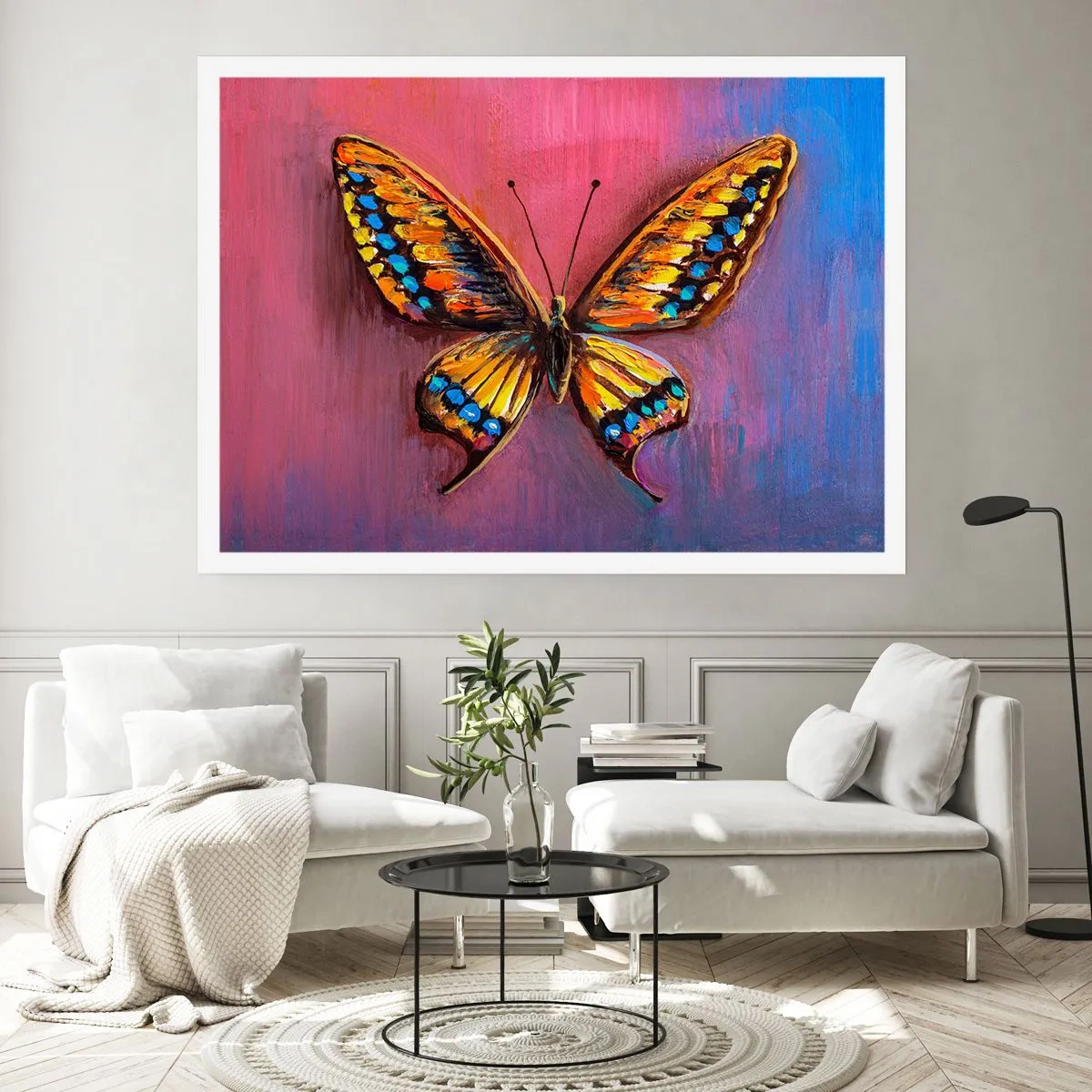 Poster - Farfalla colorata su uno sfondo astratto - 100x70cm - Gioielli della natura - Decorazione murale moderna per soggiorno e camera da letto ARTTOR
