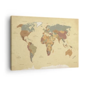 Quadro su tela - Stampe su Tela - Una mappa del mondo stilizzata nei toni del beige e dei colori pastello. - 70x50cm - Per te: tutto il mondo - Decorazione murale moderna per soggiorno e camera da letto ARTTOR