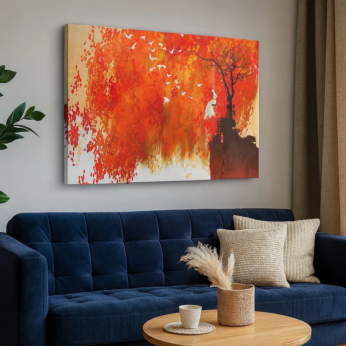 Quadro su tela - Stampe su Tela - Una figura su un'altalena vicino a un albero circondata da foglie rosse - 70x50cm - Voli con noi? - Decorazione murale moderna per soggiorno e camera da letto ARTTOR