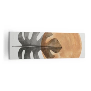 Quadro su tela - Stampe su Tela - Foglia di monstera e cerchio dorato su sfondo chiaro - 160x50cm - Sempre il sole - Decorazione murale moderna per soggiorno e camera da letto ARTTOR