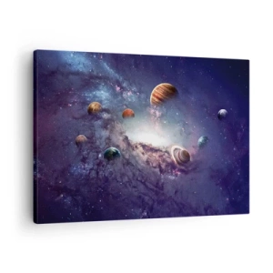 Quadro su tela - Stampe su Tela - Pianeti in una galassia con una nebulosa sullo sfondo - 70x50cm - Sistema solare danzante - Decorazione murale moderna per soggiorno e camera da letto ARTTOR