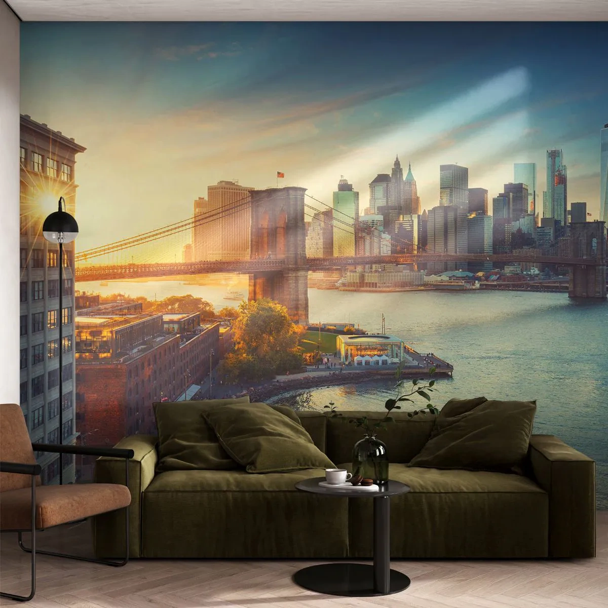 Fotomurali Premium Canvas - L'alba nella grande città - New York, Città, ponte di Brooklyn - 200x140 cm