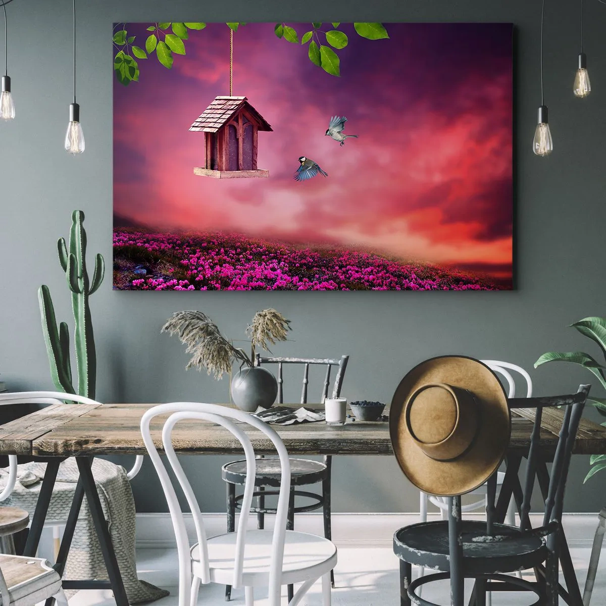 Quadro su tela - Stampe su Tela - Un paesaggio pittoresco con una casetta per gli uccelli e un tramonto - 120x80cm - Invito a cena - Decorazione murale moderna per soggiorno e camera da letto ARTTOR