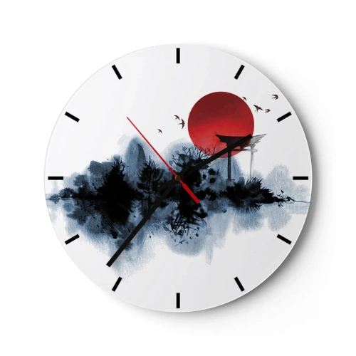 Orologio da parete - Orologio in Vetro - Una sfera di sole rosso e un cancello torii in stile giapponese sull'acqua - 30x30cm - Vista giapponese - Decorazione murale moderna per soggiorno, cucina e camera da letto ARTTOR