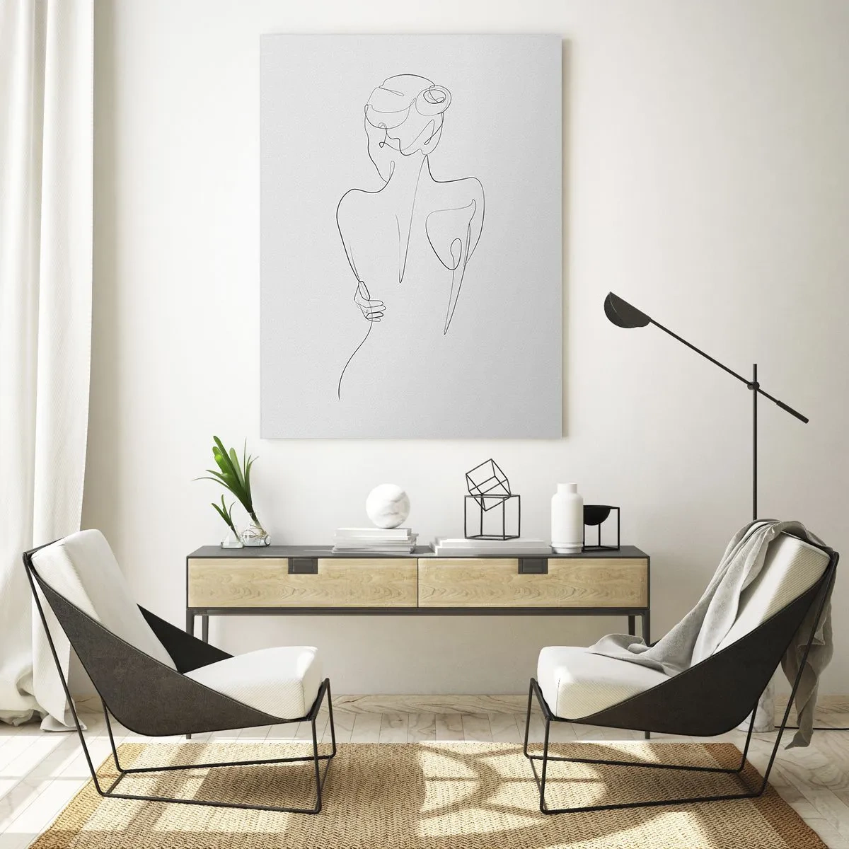 Quadro su vetro - Una linea di contorno che mostra una silhouette femminile su uno sfondo chiaro - 80x120cm - La musica del corpo - Decorazione murale moderna per soggiorno e camera da letto ARTTOR
