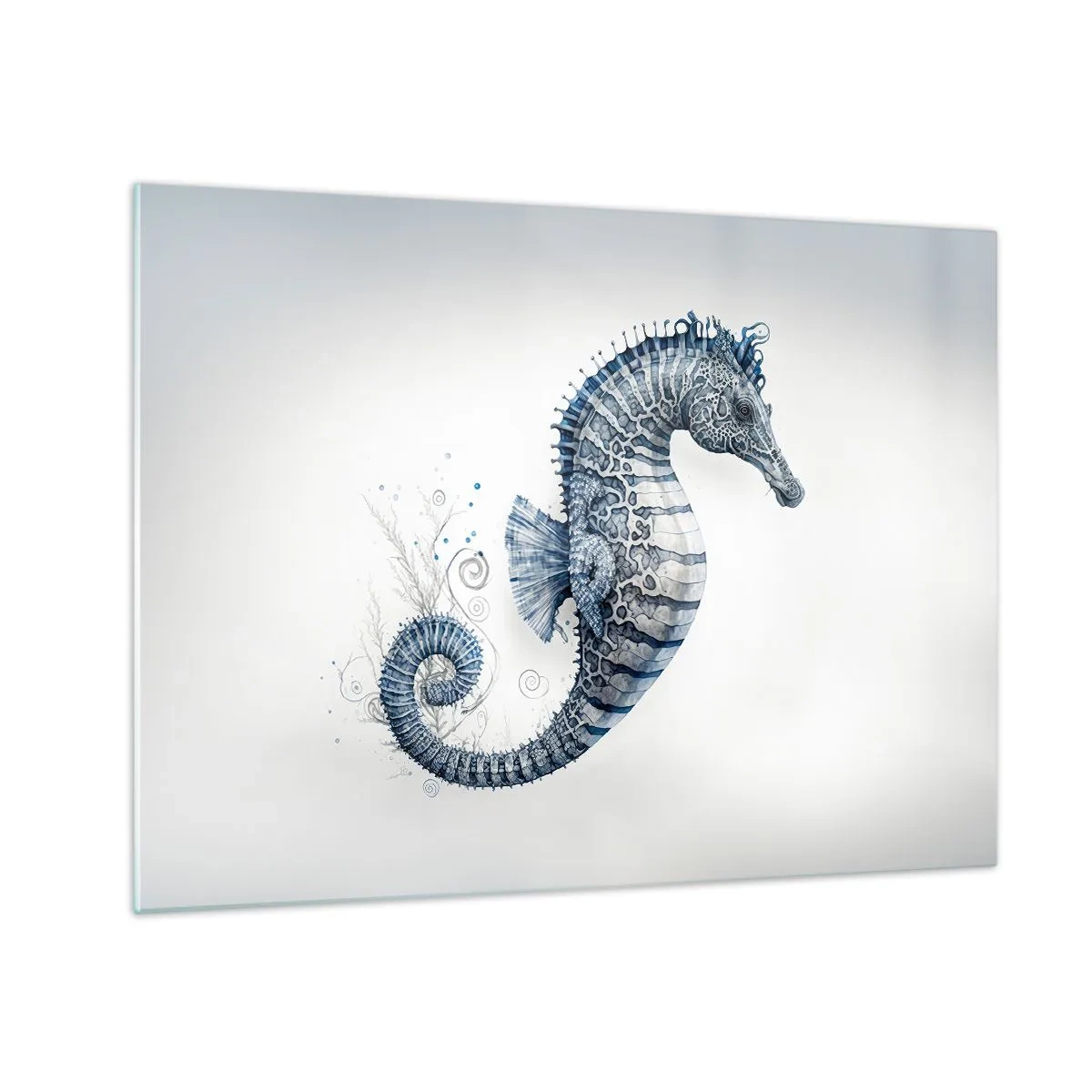 Quadro su vetro - Cavalluccio marino blu su sfondo chiaro in stile disegno - 70x50cm - Delicato scherzo di natura - Decorazione murale moderna per soggiorno e camera da letto ARTTOR