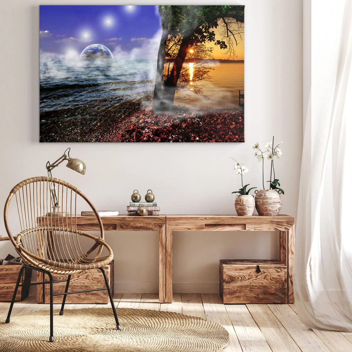 Quadro su tela - Stampe su Tela - Paesaggio fantastico con mare, alberi e tramonto. - 100x70cm - Paesaggio surreale: unità della natura - Decorazione murale moderna per soggiorno e camera da letto ARTTOR