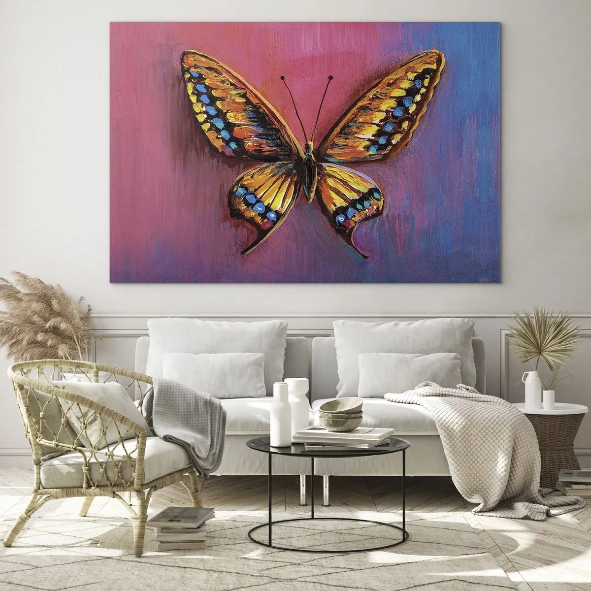 Quadro su vetro - Una farfalla colorata su uno sfondo nei toni del rosa e del viola - 70x50cm - Gioielli della natura - Decorazione murale moderna per soggiorno e camera da letto ARTTOR